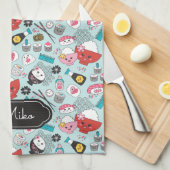 Blue Sushi Gepersonaliseerd Schattige Patroon Theedoek (Quarter Fold)