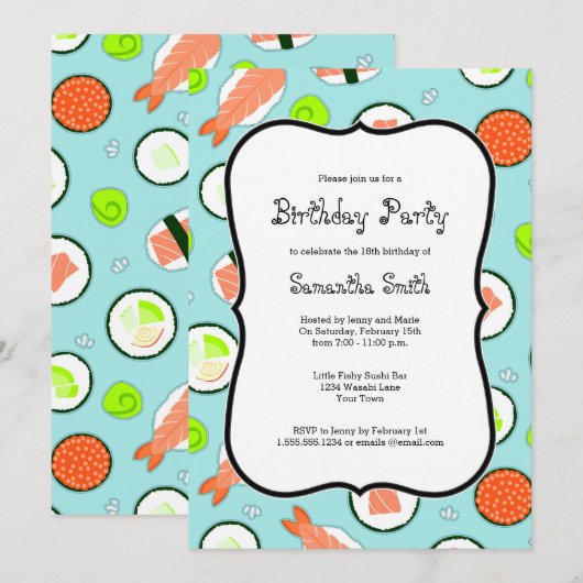 Blue Sushi Theme Birthday Party Kaart (Voorkant / Achterkant)