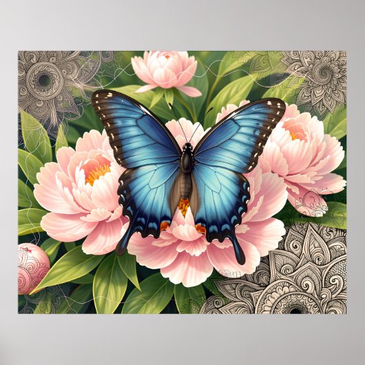 Blue Swallowtail Butterfly Floral Botanical Art Poster (Voorkant)