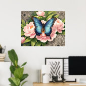 Blue Swallowtail Butterfly Floral Botanical Art Poster (Thuiskantoor)