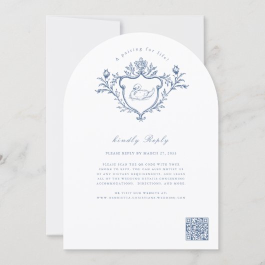 Blue Swan Crest Toile Wedding All in One Kaart (Achterkant)