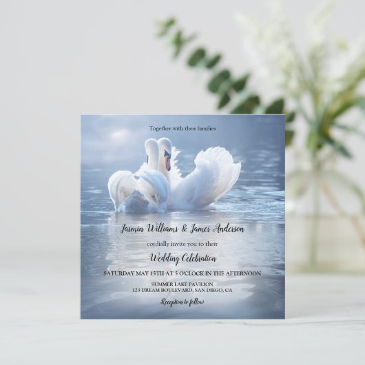 Blue Swans Lake Wedding Kaart (Staand voorkant)