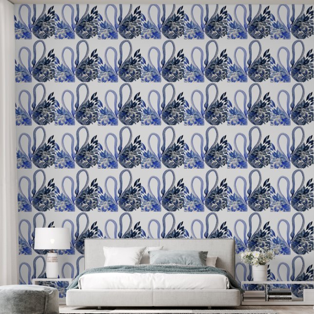 Blue Swans Waterverf Art Behang (Slaapkamer)