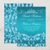 Blue Sweet16 Damask & Tiara Birthday Invite Kaart (Voorkant / Achterkant)