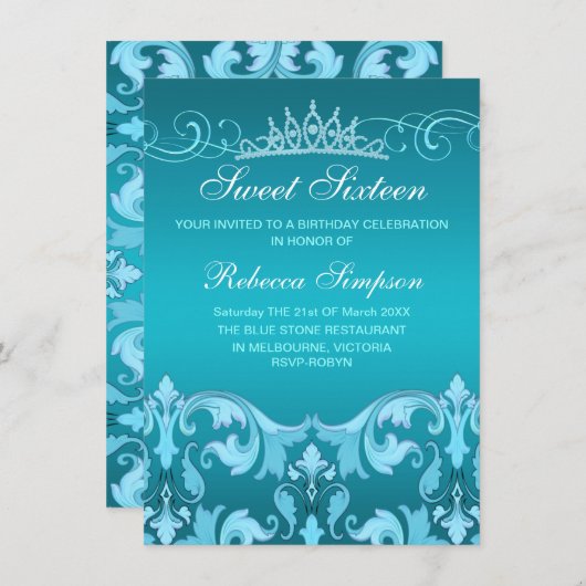 Blue Sweet16 Damask & Tiara Birthday Invite Kaart (Voorkant / Achterkant)