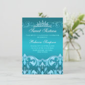 Blue Sweet16 Damask & Tiara Birthday Invite Kaart (Staand voorkant)