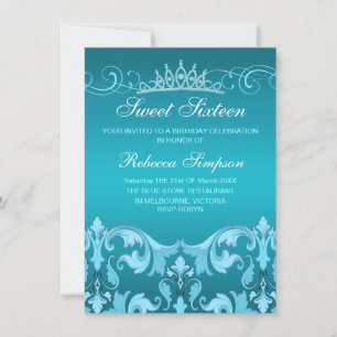 Blue Sweet16 Damask & Tiara Birthday Invite Kaart
