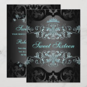 Blue Sweet16 Elegante Tiara Damask Verjaardag Uitn Kaart (Voorkant / Achterkant)