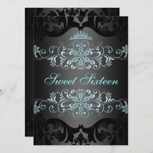 Blue Sweet16 Elegante Tiara Damask Verjaardag Uitn Kaart (Voorkant / Achterkant)