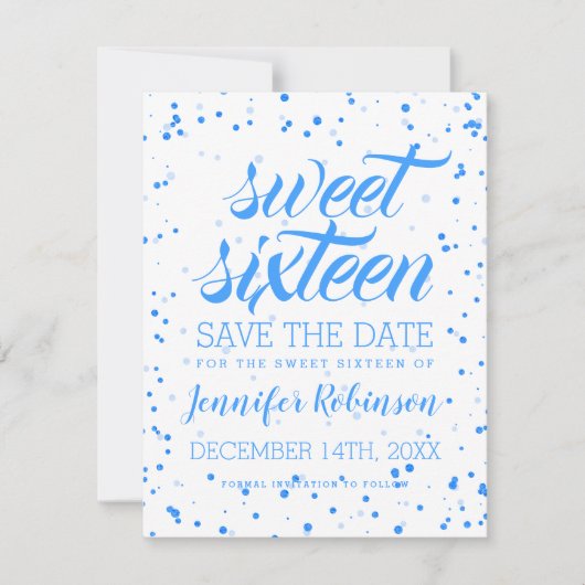Blue Sweet 16 Birthday Save Date Confetti Save The Date (Voorkant)
