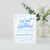Blue Sweet 16 Birthday Save Date Confetti Save The Date (Staand voorkant)
