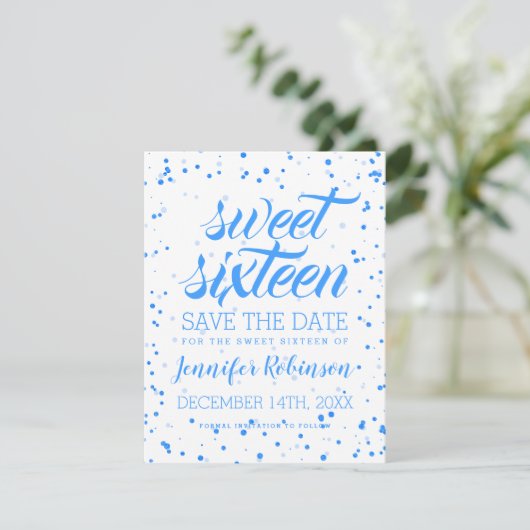 Blue Sweet 16 Birthday Save Date Confetti Save The Date (Staand voorkant)