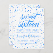 Blue Sweet 16 Birthday Save Date Confetti Save The Date (Voorkant / Achterkant)