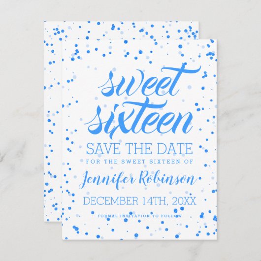 Blue Sweet 16 Birthday Save Date Confetti Save The Date (Voorkant / Achterkant)