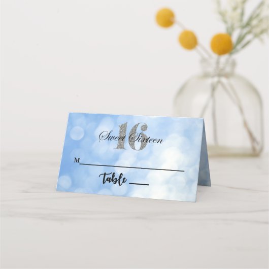 Blue Sweet 16 Glitter Lights Custom Place Card Plaatskaartje (Voorkant)