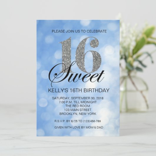 Blue Sweet 16 Silver Glitter Lights Kaart (Staand voorkant)
