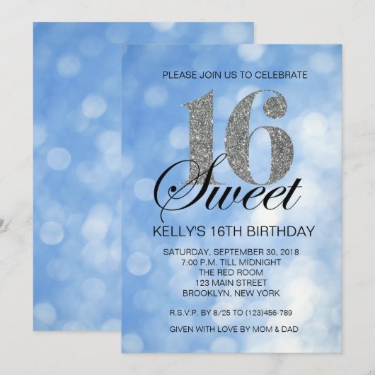 Blue Sweet 16 Silver Glitter Lights Kaart (Voorkant / Achterkant)