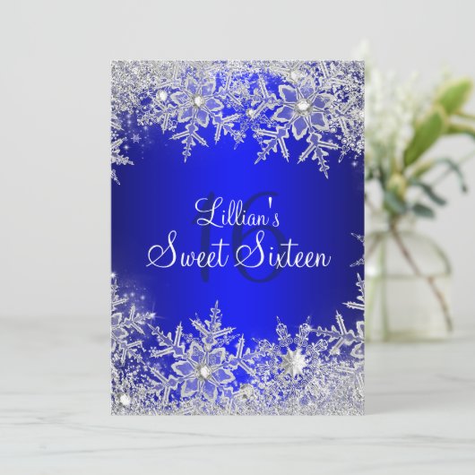 Blue Sweet 16 Snowflake Winter Wonderland Kaart (Staand voorkant)