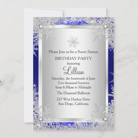Blue Sweet 16 Snowflake Winter Wonderland Kaart (Achterkant)