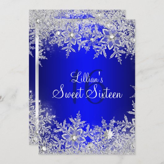 Blue Sweet 16 Snowflake Winter Wonderland Kaart (Voorkant / Achterkant)