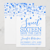 Blue Sweet 16 Sparkly String Lights Opslagdatum Save The Date (Voorkant / Achterkant)