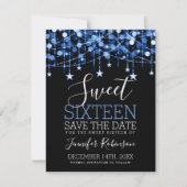Blue Sweet 16 Sparkly String Lights Opslagdatum Save The Date (Voorkant)