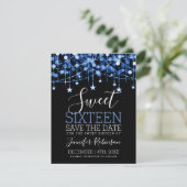 Blue Sweet 16 Sparkly String Lights Opslagdatum Save The Date (Staand voorkant)