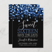 Blue Sweet 16 Sparkly String Lights Opslagdatum Save The Date (Voorkant / Achterkant)