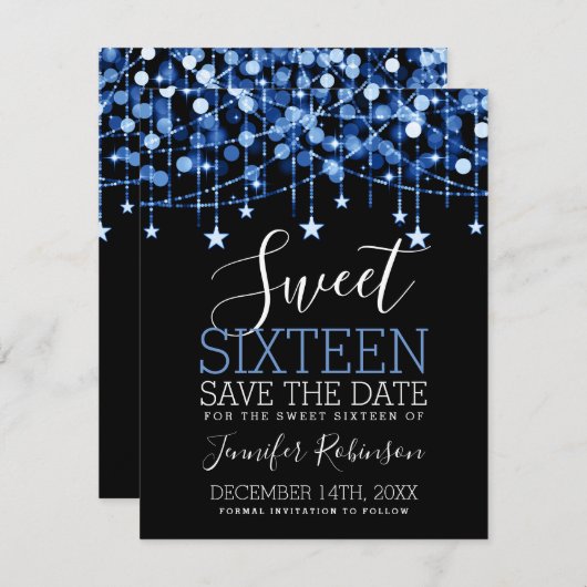 Blue Sweet 16 Sparkly String Lights Opslagdatum Save The Date (Voorkant / Achterkant)