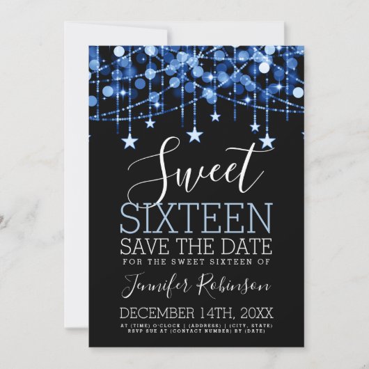 Blue Sweet 16 Sparkly String Lights Opslagdatum Save The Date (Voorkant)