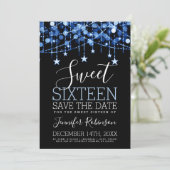 Blue Sweet 16 Sparkly String Lights Opslagdatum Save The Date (Staand voorkant)