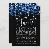 Blue Sweet 16 Sparkly String Lights Opslagdatum Save The Date (Voorkant / Achterkant)