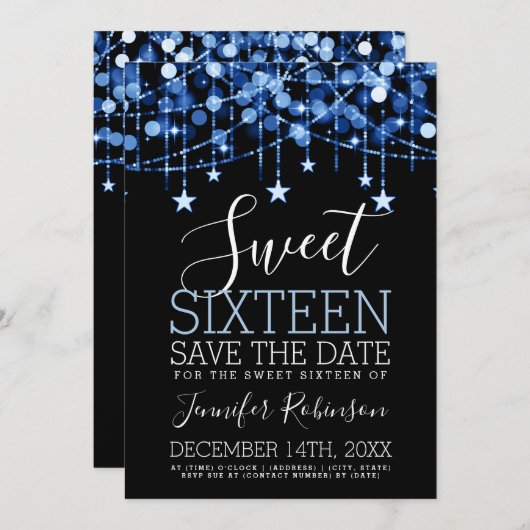 Blue Sweet 16 Sparkly String Lights Opslagdatum Save The Date (Voorkant / Achterkant)