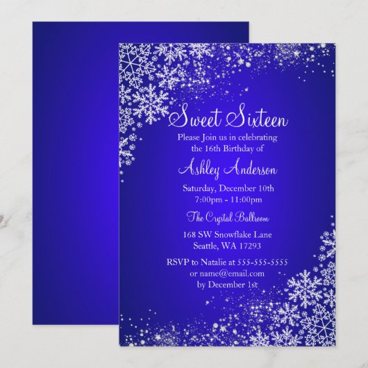 Blue Sweet 16 Winter Wonderland Sparkle Snowflakes Kaart (Voorkant / Achterkant)