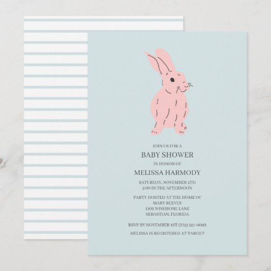 Blue Sweet Bunny Baby shower Invitation Kaart (Voorkant / Achterkant)