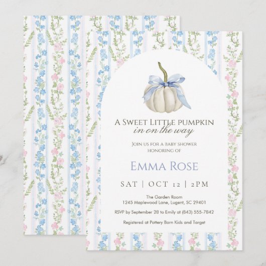 Blue Sweet Little Pumpkin Baby shower Uitnodiging (Voorkant / Achterkant)