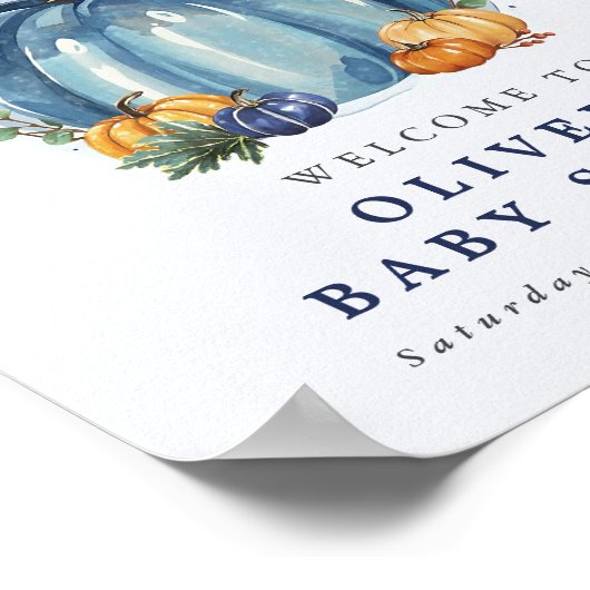 Blue Sweet Little Pumpkin Boy Baby shower Welkom Poster (Hoek)