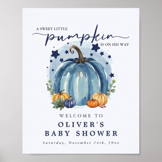 Blue Sweet Little Pumpkin Boy Baby shower Welkom Poster (Voorkant)