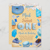 Blue Sweet One 1st Birthday Boy Uitnodiging (Voorkant / Achterkant)