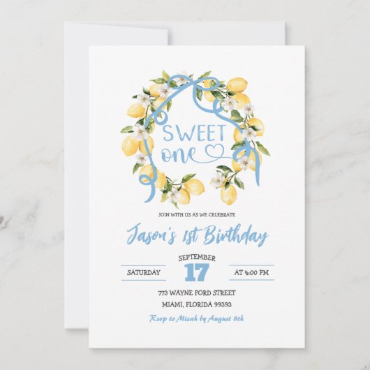 Blue Sweet One Boy Eerste Verjaardag Uitnodiging (Voorkant)