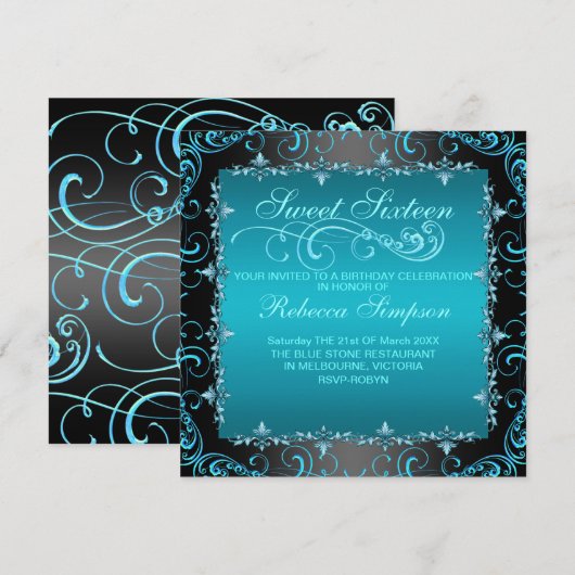 Blue Sweet Sixteen Swirl Verjaardag Uitnodigen Kaart (Voorkant / Achterkant)