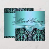 Blue Sweet Sixteen Zebra/Bow Verjaardagsuitnodigin Kaart (Voorkant / Achterkant)