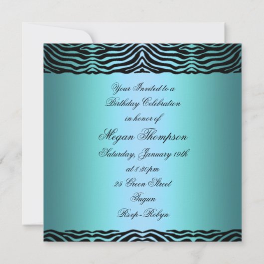 Blue Sweet Sixteen Zebra/Bow Verjaardagsuitnodigin Kaart (Achterkant)