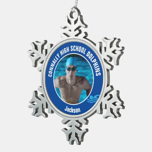 Blue Swim Team Photo High School Swimmer Tin Sneeuwvlok Ornament (Rechts)