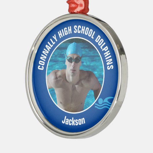 Blue Swim Team Photo Swimmer Christmas Gift Metalen Ornament (Links)