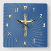 Blue Swirl Background Gold Cross Vierkante Klok (Voorkant)