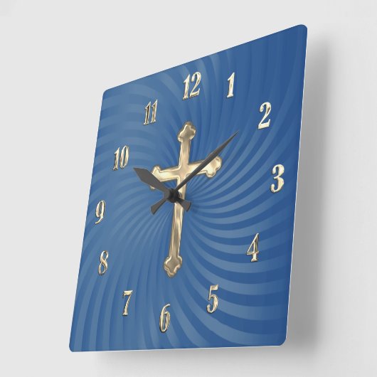 Blue Swirl Background Gold Cross Vierkante Klok (Hoek)