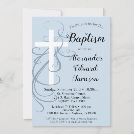 Blue Swirl Cross Baptism Invitation Boy's Kaart (Voorkant)