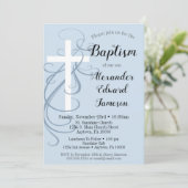 Blue Swirl Cross Baptism Invitation Boy's Kaart (Staand voorkant)