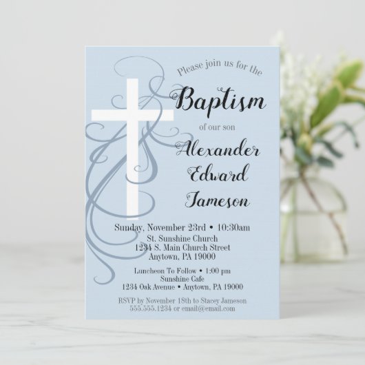 Blue Swirl Cross Baptism Invitation Boy's Kaart (Staand voorkant)